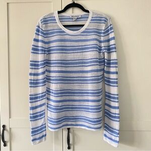 Tommy Bahama Coastal Chic White and Blue Striped Crewneck Open Knit Sweater